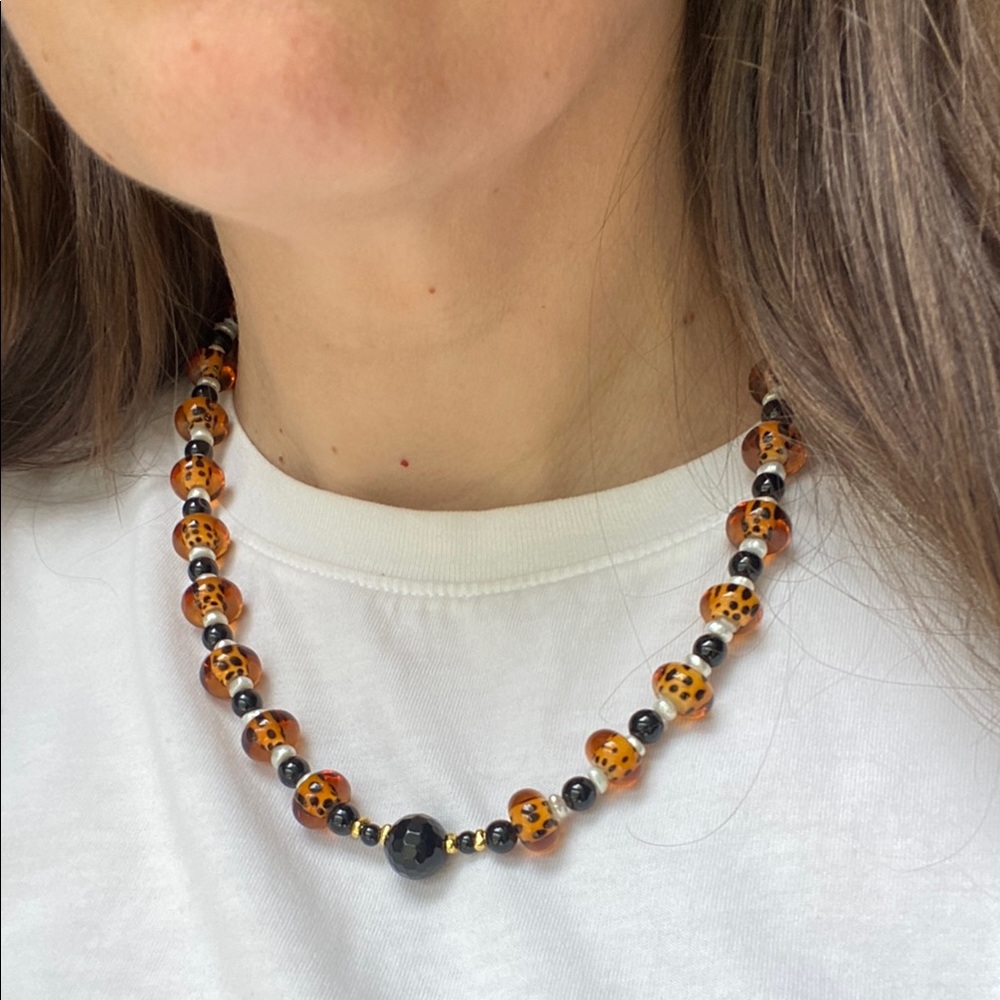 Handcrafted Onyx, Freshwater Pearls and Speciality Glass Beaded Necklace